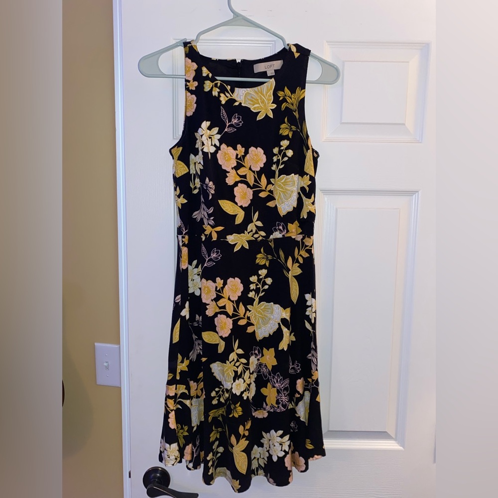 LOFT Black Knee Length Floral Dress